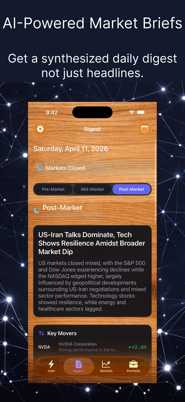 Atlas Finance AI market digest with pre-market, mid-market, and post-market briefs plus key movers