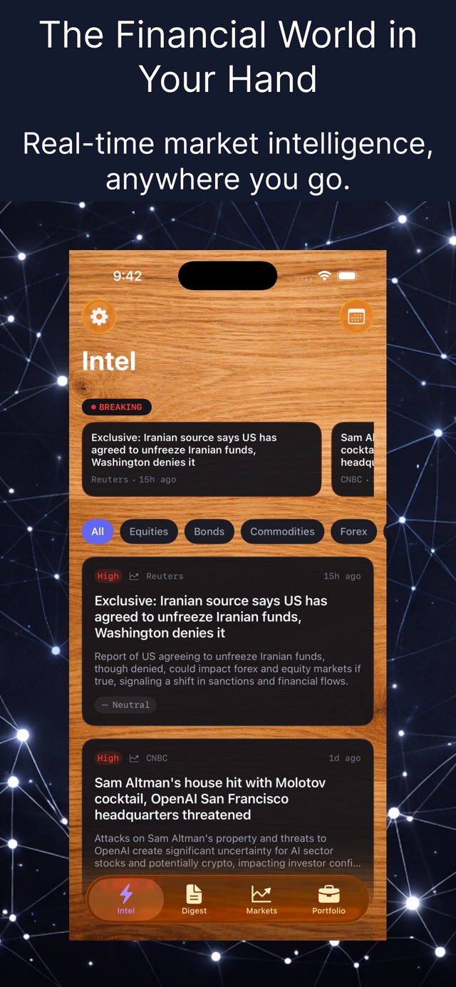 Atlas Finance Intel feed showing breaking market news with AI impact analysis across equities, bonds, commodities, and forex