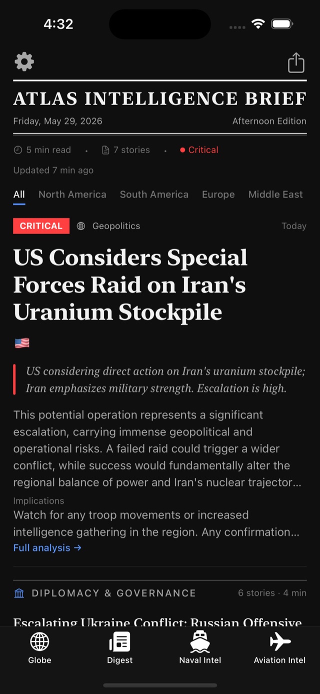 Atlas Intelligence Brief — an AI-curated daily geopolitical digest with critical stories, plain-language analysis, and implications to watch