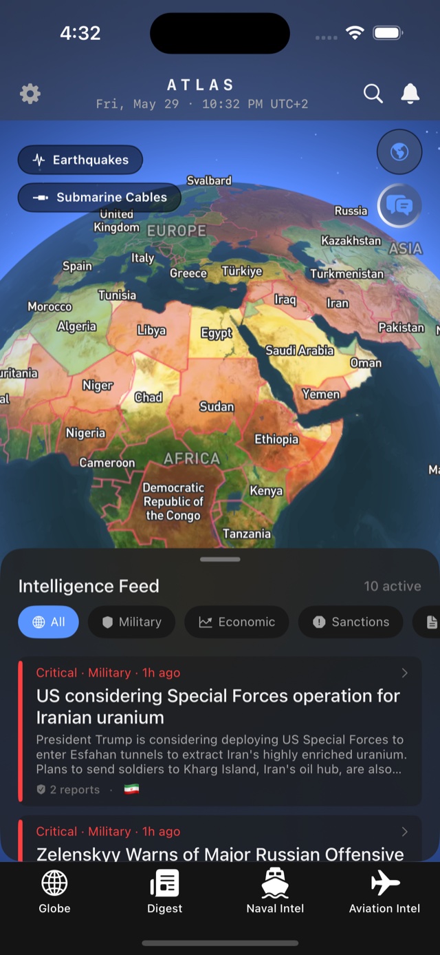 Atlas app interactive 3D globe showing countries across Europe, Africa, and the Middle East with a live intelligence feed of critical geopolitical events