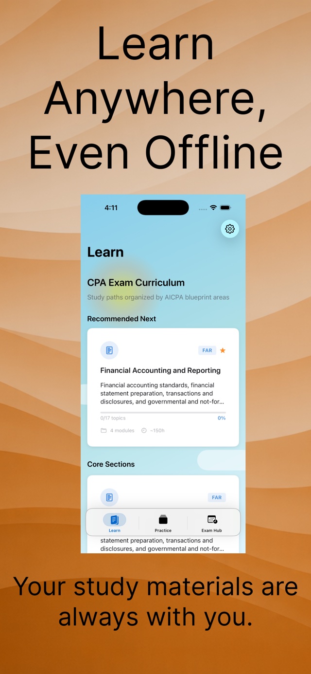 CPA Accounting Exam Prep Learn tab showing the CPA exam curriculum organized by AICPA blueprint areas, starting with Financial Accounting and Reporting
