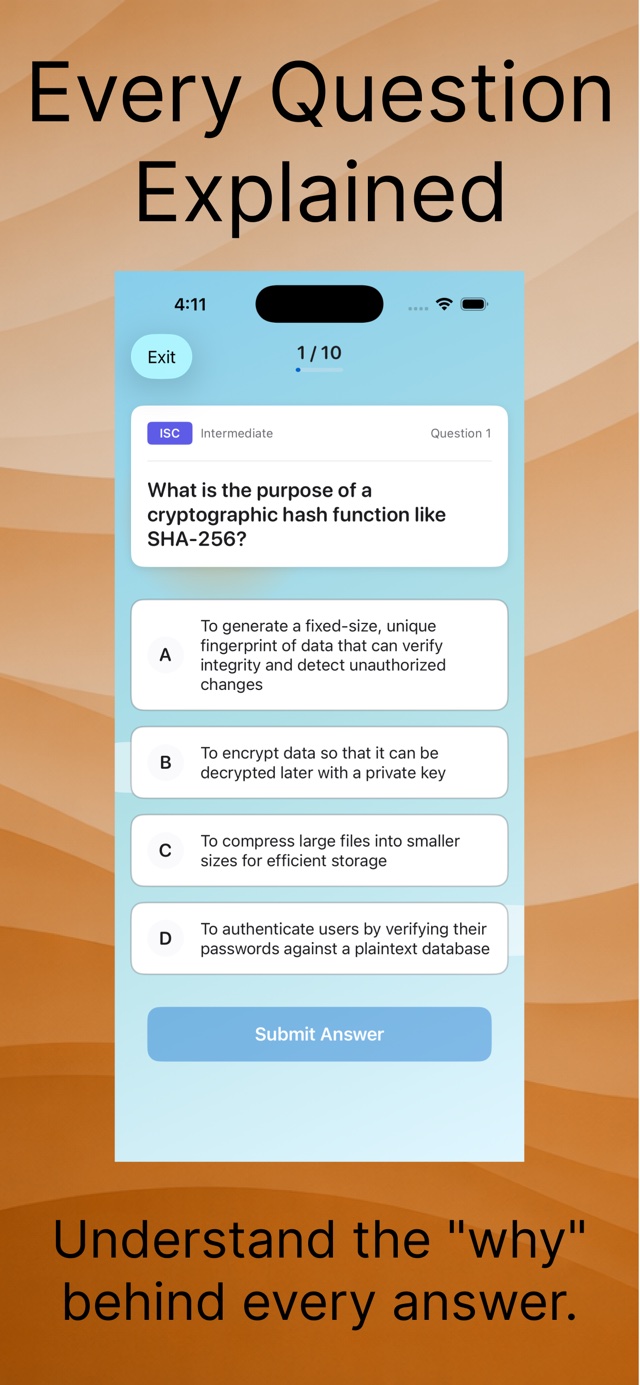 CPA Accounting Exam Prep practice question on cryptographic hash functions from the ISC section, with four answer choices and an explanation