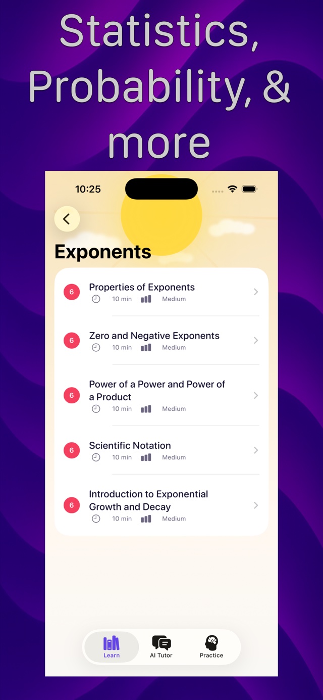 Math Hero lesson library showing an Exponents unit with lessons on properties of exponents, scientific notation, and exponential growth