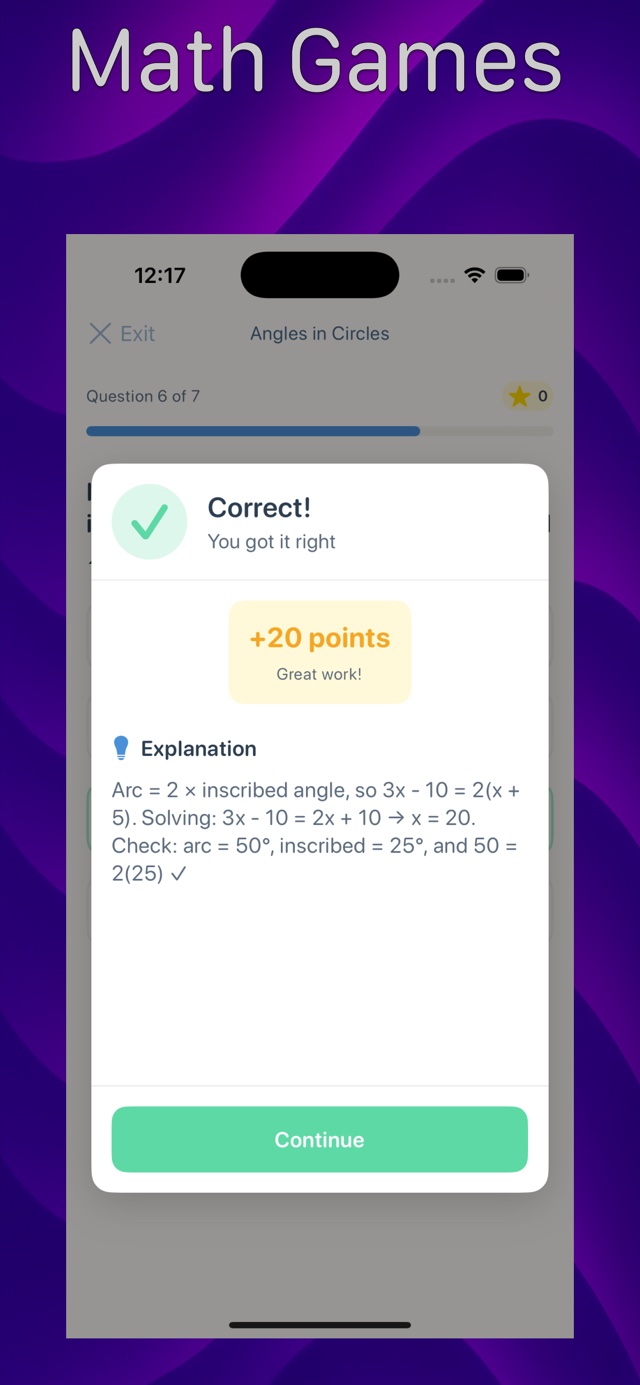 Math Hero gamified practice session on circle angles with a correct answer celebration, points earned, and a step-by-step explanation