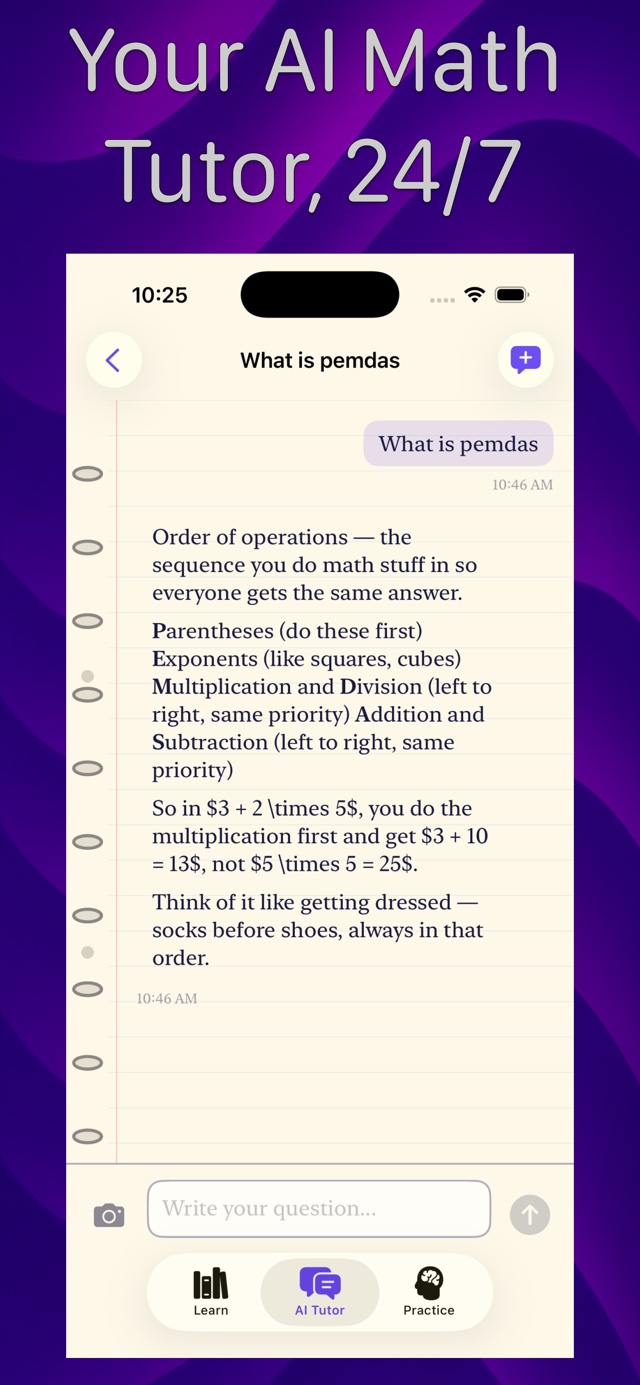 Math Hero AI tutor chat explaining PEMDAS order of operations in plain language, available 24/7